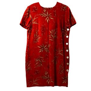 Karin Stevens Dress Womens Size 10 Red Bamboo Print Button Side Linen Blend
